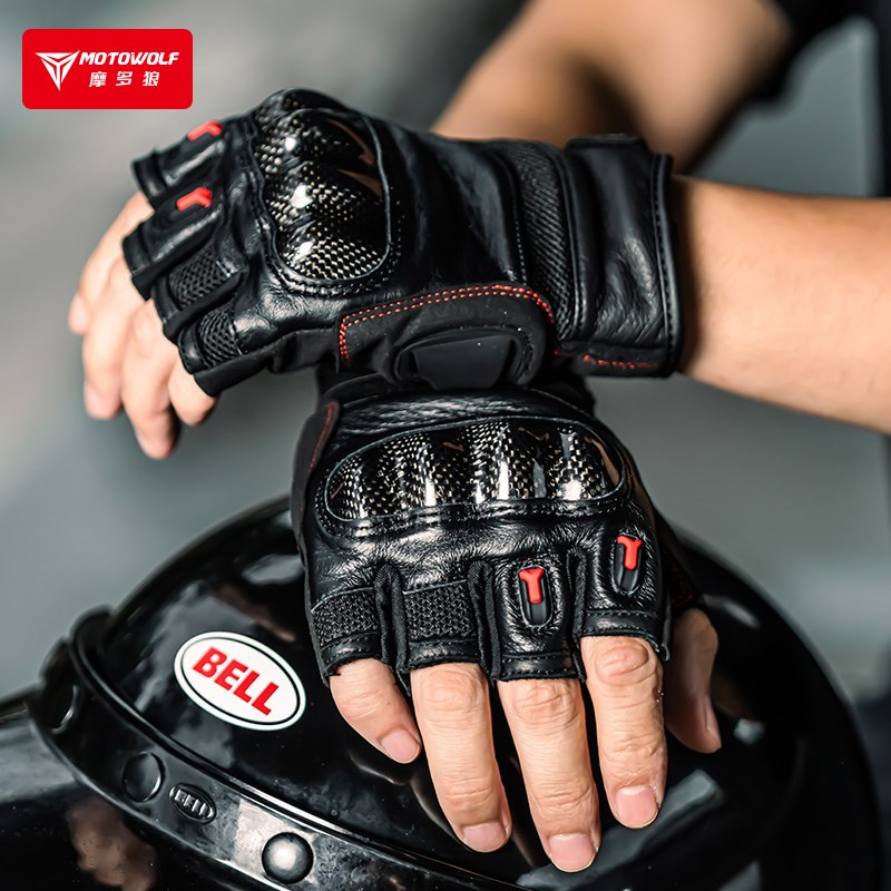 摩多狼摩托车手套女机车骑士装备防摔透气触屏四季骑行半指手套男