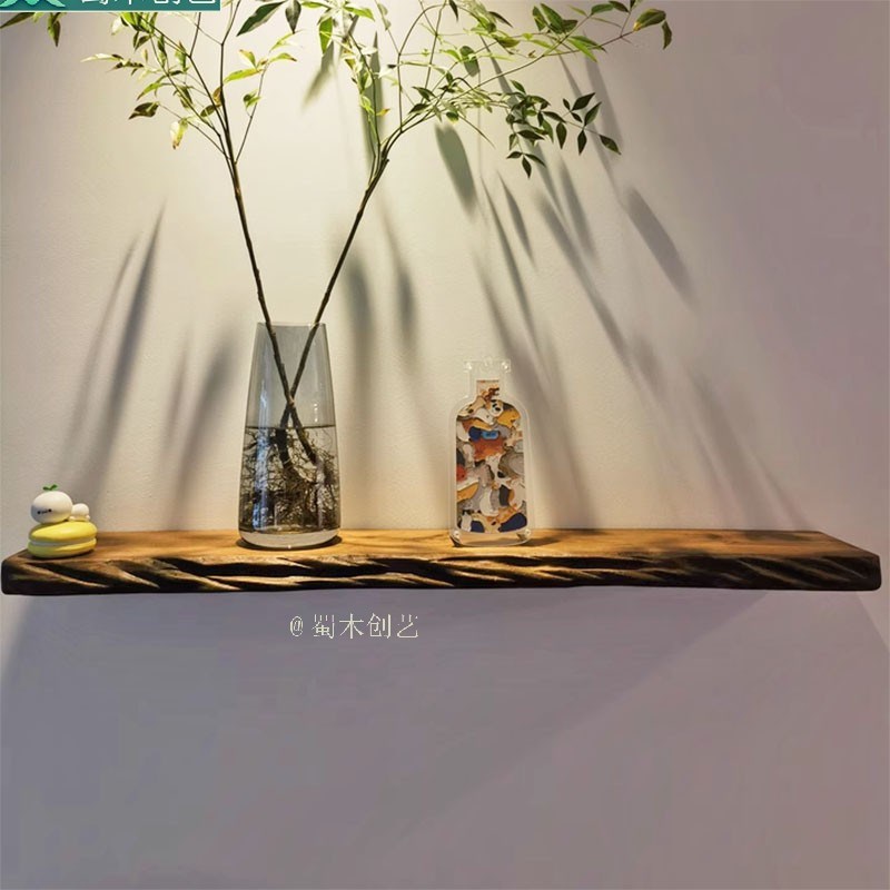 全实木新中式装饰艺术挂板内墙原木色挂墙式复古风一字隔板置物架