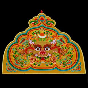 藏式风格室内墙面装饰布艺挂画蓝色黄色绣麒麟头挂饰墙壁挂件