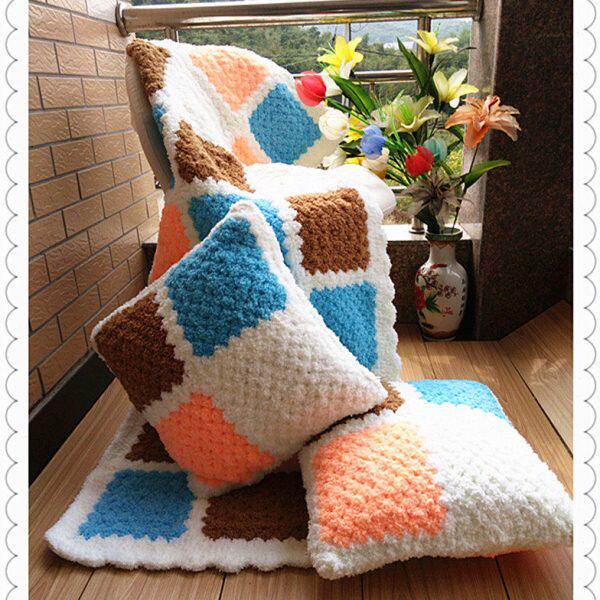 纯手工钩针编织沙发垫珊瑚绒多色拼接编织座椅垫抱枕靠垫套午睡毯