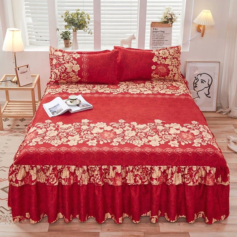 单件床裙床罩席梦思床罩磨毛床裙三件套防滑床套花边床单床上用品
