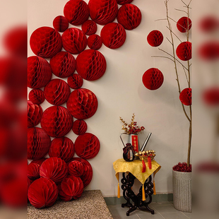 新年红色蜂窝球灯笼吊挂饰中国风氛围感喜庆布景装扮墙贴蜂窝灯笼