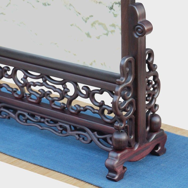 红木屏风大叶紫檀嵌天然大理石中式插屏台屏桌面玄关供桌条案摆件