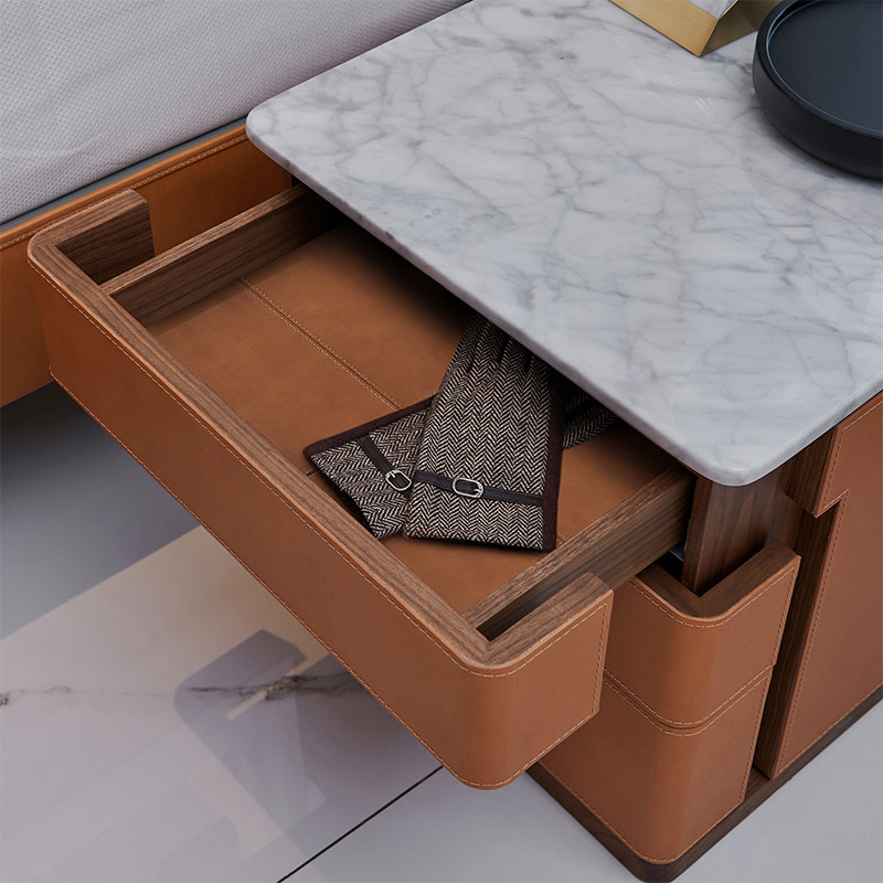 JNLEZI 意式极简大理石床头柜橙色马鞍皮Fidelio胡桃木实木床边柜