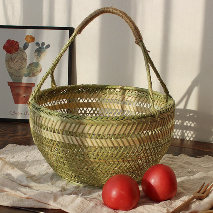 圆篮子手工竹编竹篮子织手提菜篮鸡蛋篮水果收纳竹筐竹编竹器