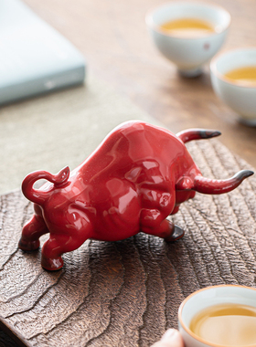 创意陶瓷红色牛摆件家居客厅招财装饰品吉祥物生肖牛年礼品摆设