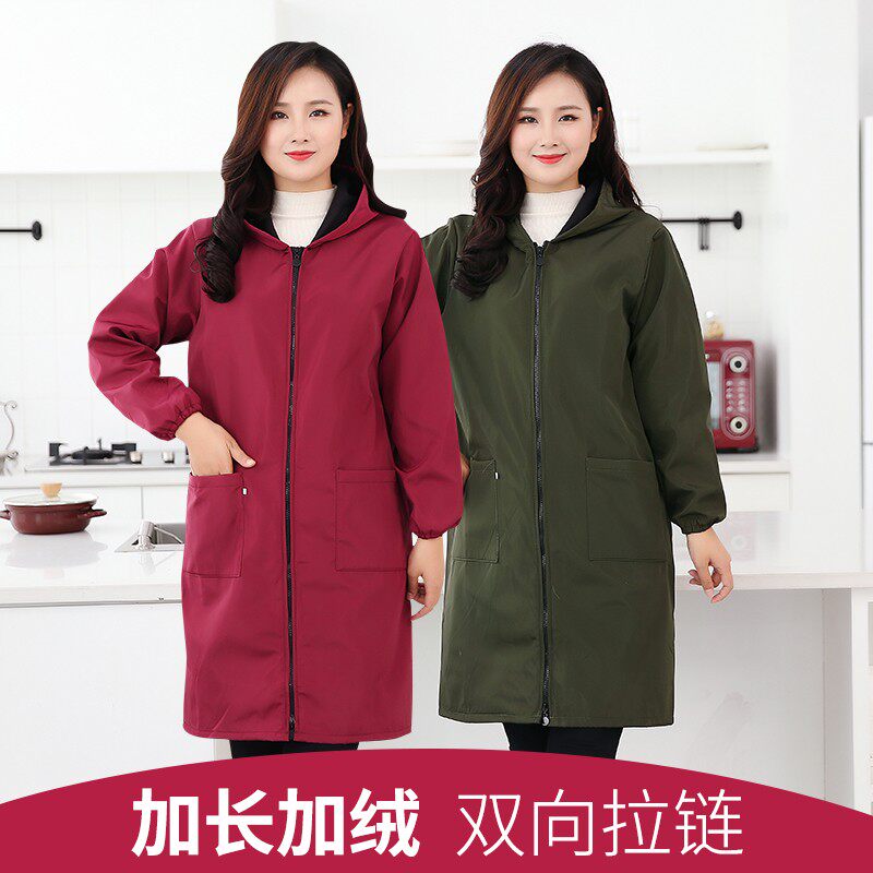 加长款加绒防水罩衣大人围裙家用厨房时尚女防油加厚工作服冬季