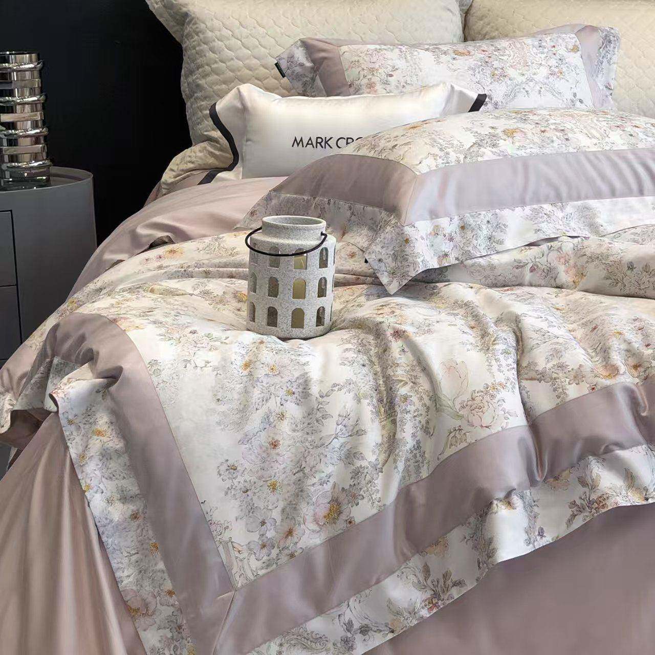 120s超细旦天丝棉磨毛四件套法式花卉秋冬长绒棉印花高端款套件