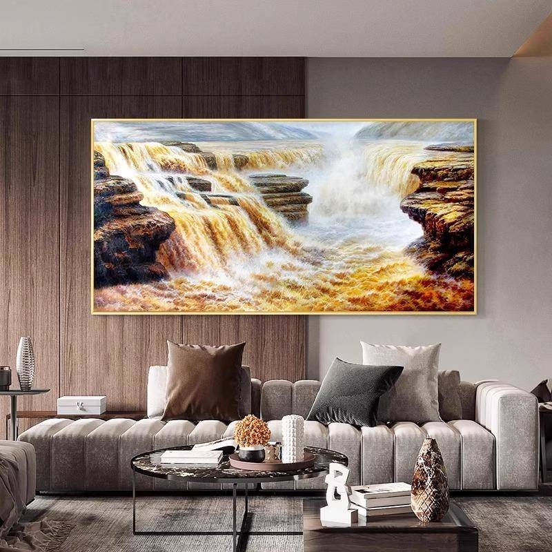 流水生财壶口瀑布挂画黄河山水风景新中式客厅装饰画办公室大气画
