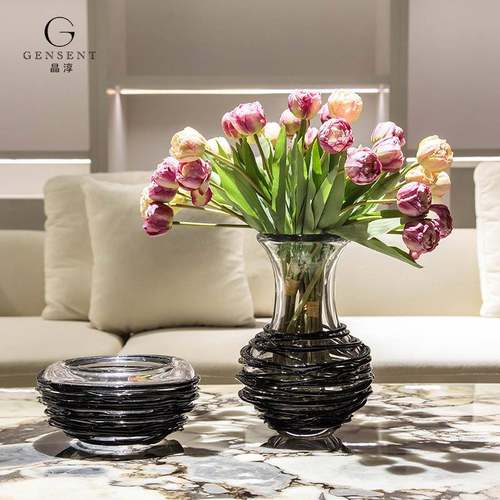 晶淳 黑色琉璃高档花瓶 插郁金香假花摆设 客厅餐桌摆件家居装饰