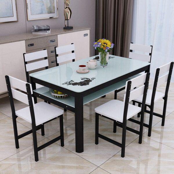 钢化玻璃餐桌椅组合家用小户型现代简约长方形4人6人饭桌双层桌子