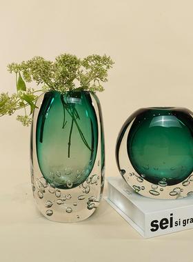 轻奢蓝色透明水晶琉璃底部气泡玻璃花瓶摆件创意客厅插花软装花器