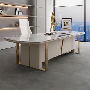 岩板大书桌轻奢现代简约米白色高级感设计师款 女总裁办公桌老板桌