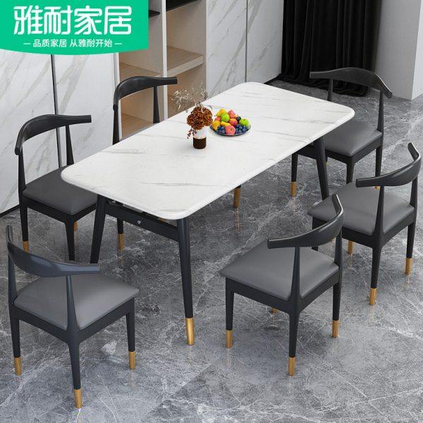 餐桌家用小户型现代简约轻奢餐桌椅组合饭桌仿岩板长方形吃饭桌子
