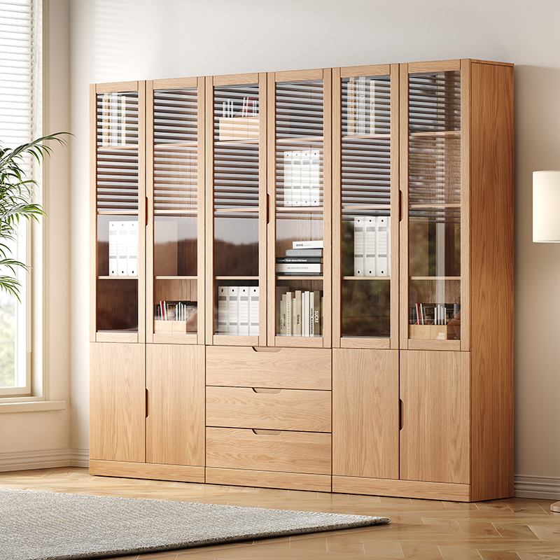 全实木橡木书柜储物柜原木色书架落地F一体到顶办公书房带玻璃柜