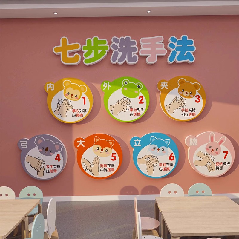 幼儿园简约现代儿童七步洗手法步骤图墙贴环创卡通厕所主题立体画