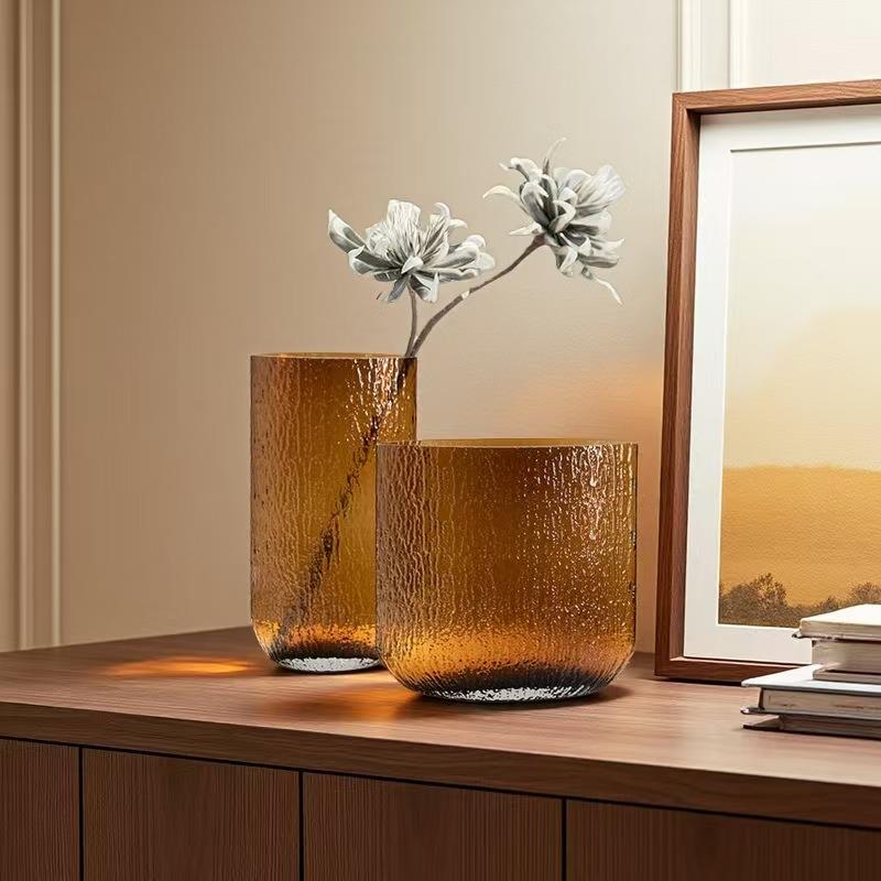 创意冰川凹凸锤纹扁缸玻璃花瓶水养酒店样板间桌面艺术装饰摆件