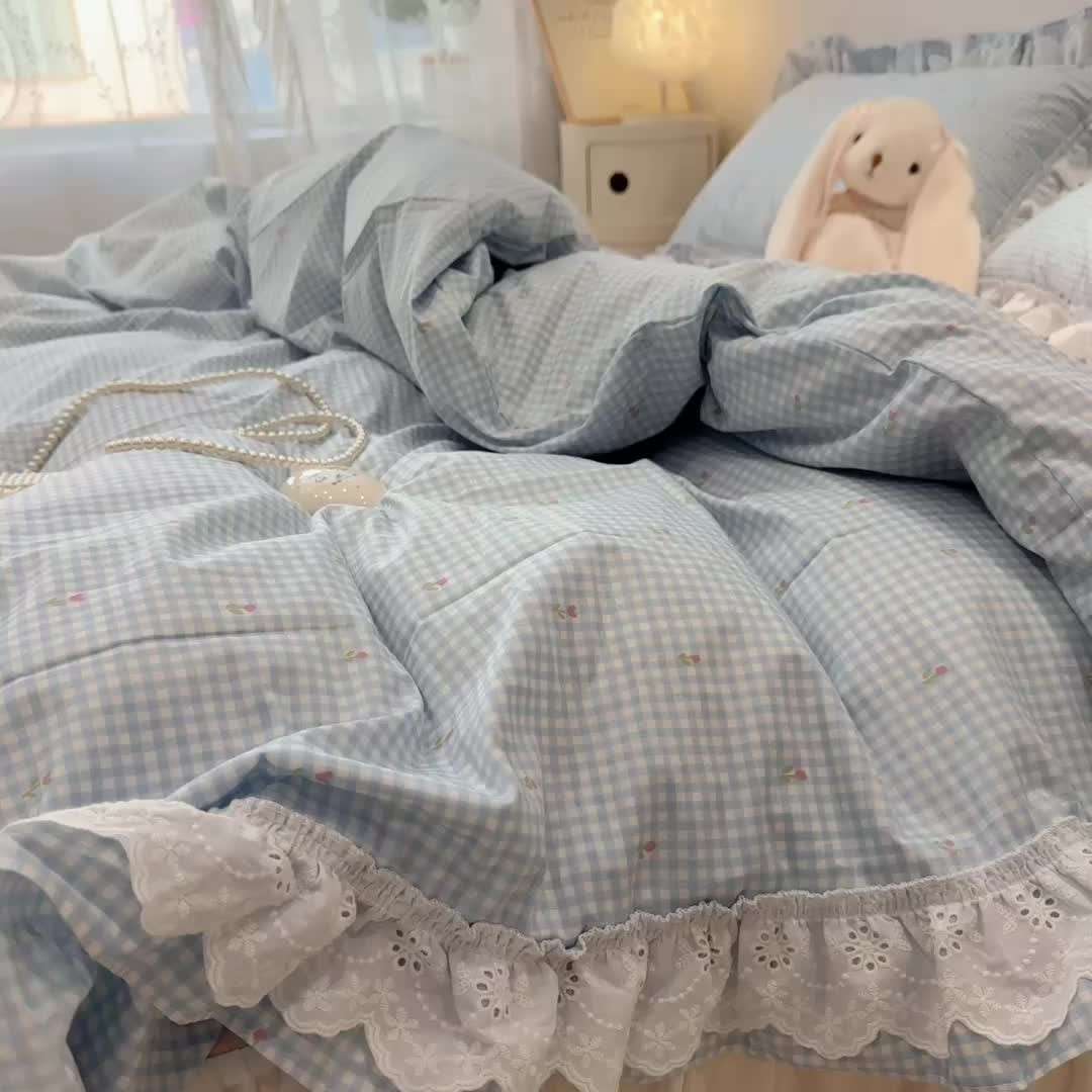 韩版少女心蕾丝花边纯棉碎花蓝格床裙四件套1.5m1.8米被套床单三