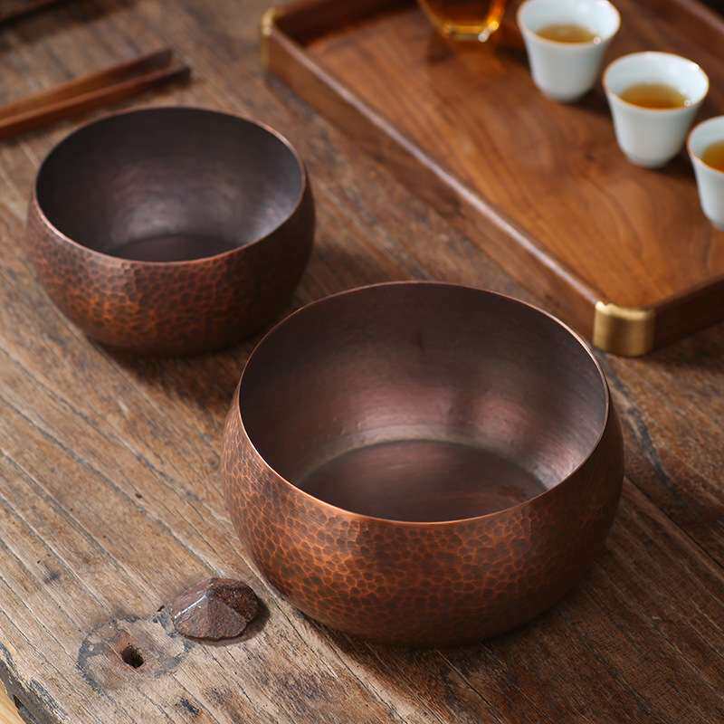 纯铜茶洗手工锤目纹紫铜茶洗建水 大号加厚水盂水洗笔洗茶道配件