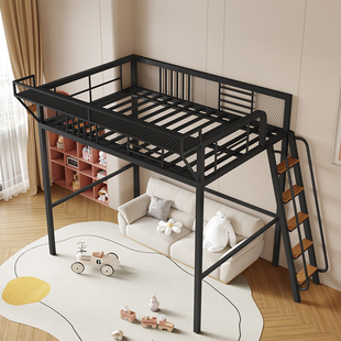 省空间铁艺高架床上床下r桌现代公寓铁架床小户型双人架空床阁楼