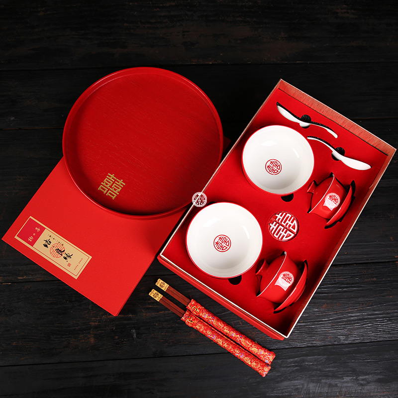 亮红结婚敬茶杯喜碗筷勺套装新人改口茶杯红对碗新婚茶具用品大全