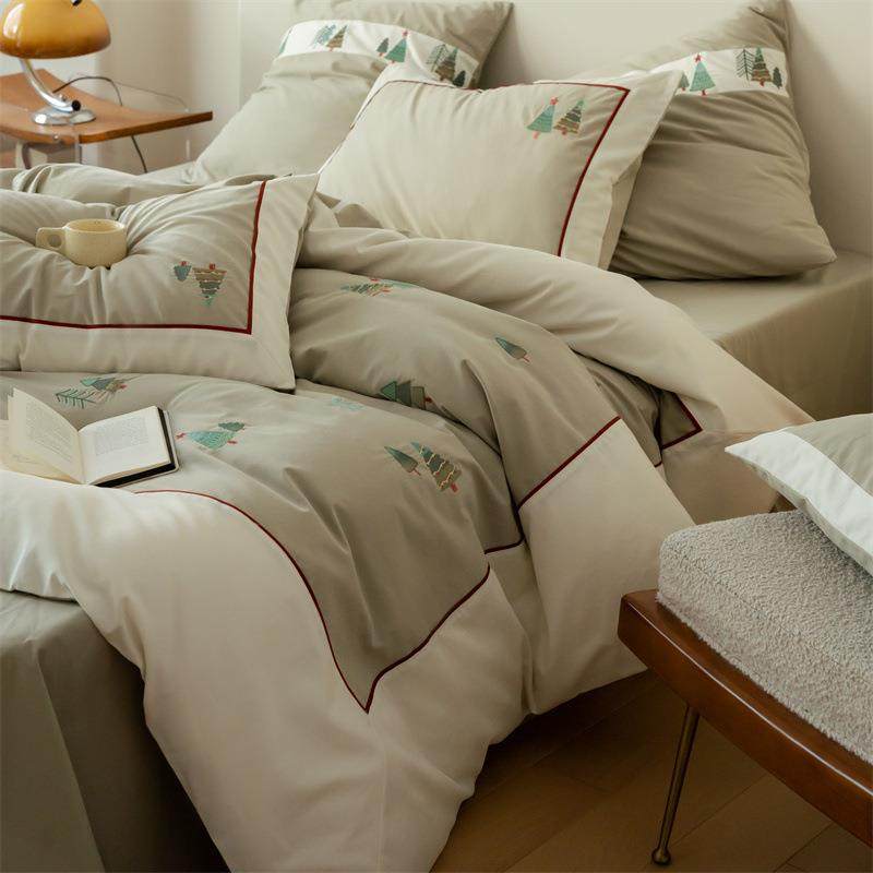 A类60支全棉磨毛四件套卡通小清新刺绣被套床单纯棉床笠床上用品4