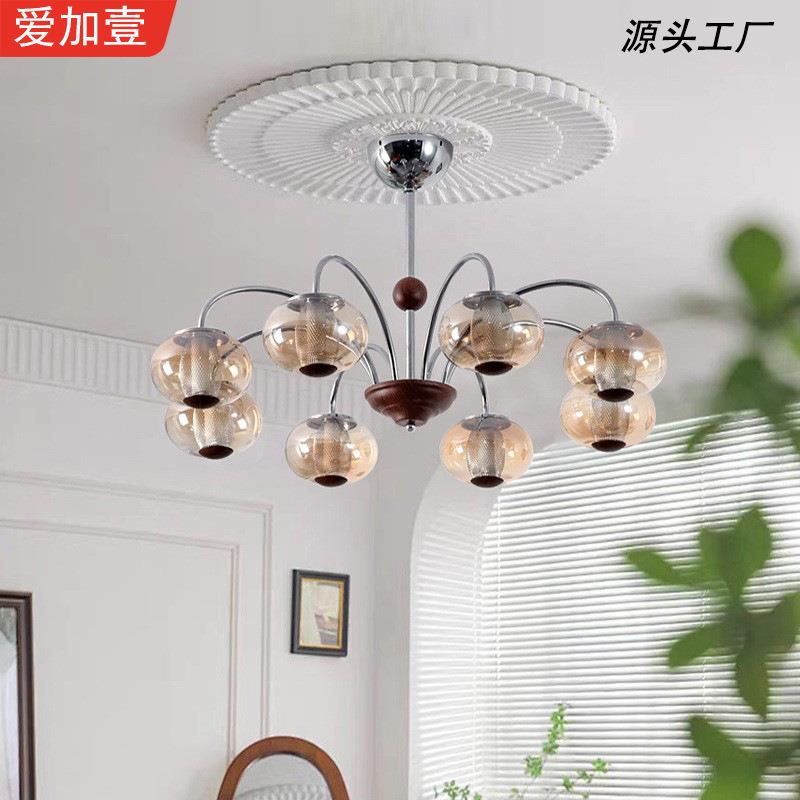 中古客厅吊灯vintage法式复古创意设计高级感卧室胡桃木色玻璃灯