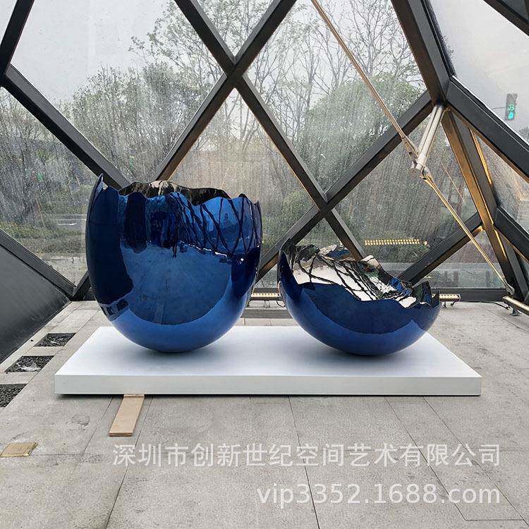 不锈钢椭圆蛋壳雕塑宝石蓝喷镀摆件雕塑楼梯口过道艺术装置手工