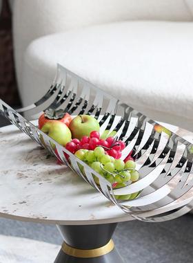 现代艺术卷边托盘轻奢几何网格镂空果盘摆件样板房售楼处软装饰品