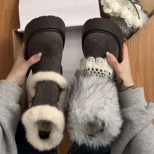 厚底防滑加绒保暖毛毛棉鞋 复古费尔岛两穿雪地靴女2025冬季 新款