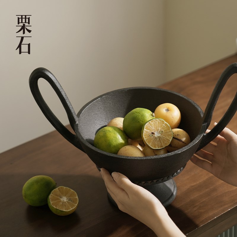 栗石中古风高级感双耳果盘摆件古典艺术高脚水果篮客厅茶几收纳盘