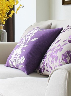 抱枕紫色仿棉麻亚麻靠枕田园靠垫套不含芯刺绣花简T约现代沙发靠