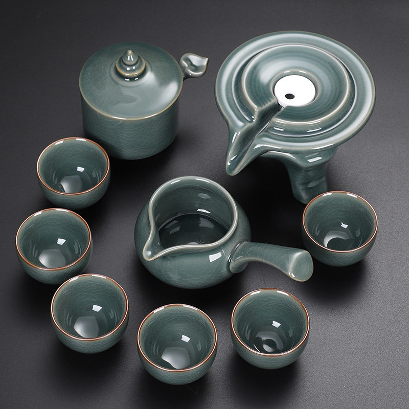 哥窑开片懒人自动石磨功夫茶具六君子套装家用办公轻奢高档茶杯