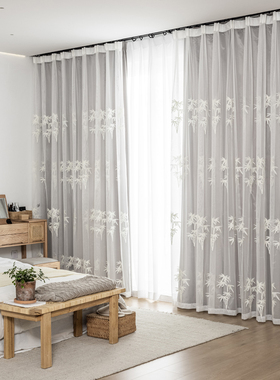 新中式竹子灰色全遮光窗帘卧室茶室D书房中式遮光布落地窗纱帘定