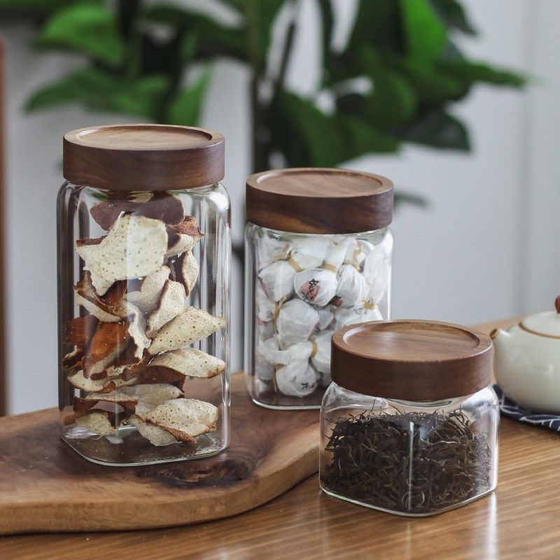 方形玻璃陈皮茶叶罐民宿茶室木盖储物罐咖啡豆保存罐咖啡粉密封罐