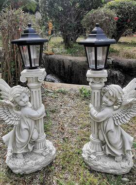 跨境新款复古花园摆件天使太阳能灯庭院别墅树脂工艺品装饰雕塑