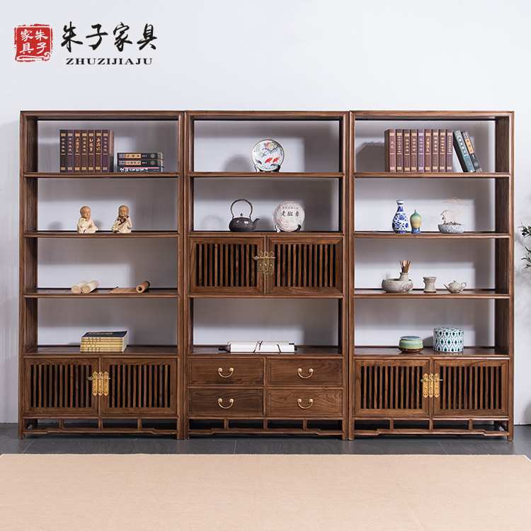 新中式实木禅意简约书架榆木书柜办公室客厅落地展示架家用家具