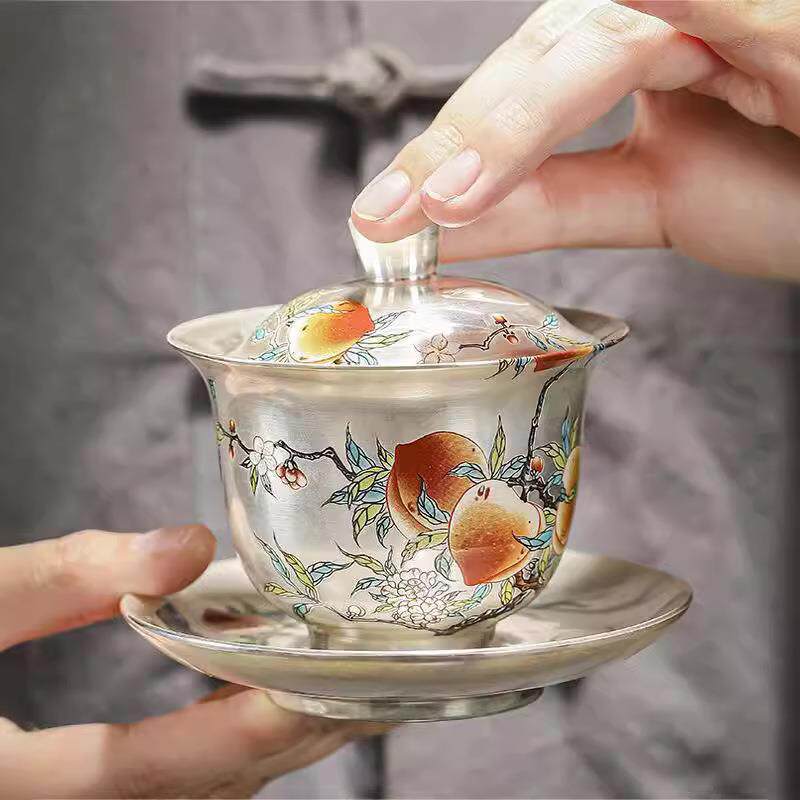 茶具礼品轻奢真银包银盖碗手绘茶器瓷鎏银三才碗高端防烫手抓九桃
