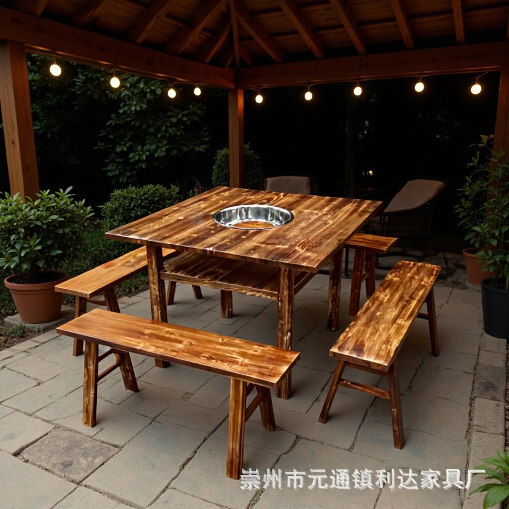 简易路边烧烤餐桌凳碳化色杉木火锅店餐桌凳火烧木火锅桌椅凳批发