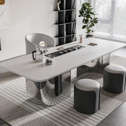 岩板茶桌椅组合办公室现代阳台家用功夫书桌不锈钢茶台烧水壶一体