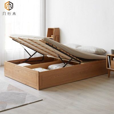 北欧简约全实木床 现代无床头榻榻米床高箱气压储物床橡木床定制