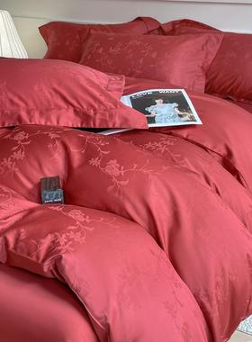 新款60s全棉婚庆床上四件套纯棉结婚床品大红色新婚喜被床单被套