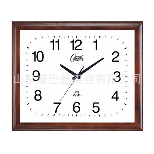 康巴丝智能电波钟长方挂钟木制办公大钟中式客厅钟表实木时钟静音