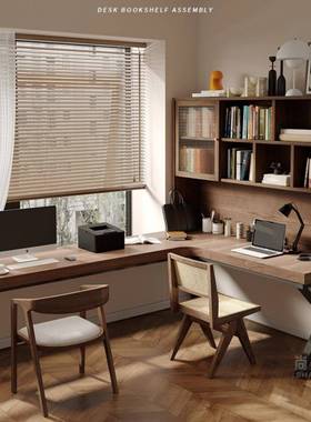 实木转角书桌书柜家用拐角双人办公桌书房靠墙l型电脑桌书架一体