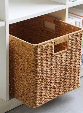 日式抽屉式收纳筐格子柜书柜矮柜收纳箱仿藤编收纳篮正方形储物筐