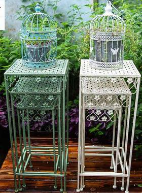 9U户外庭院铁艺花架凳组合阳台绿萝花盆托架落地式做旧置物架子多