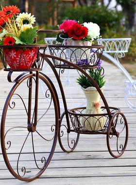 自行车花架创意花车铁艺工艺品三盆落地装饰架花盆置物阳台花架子
