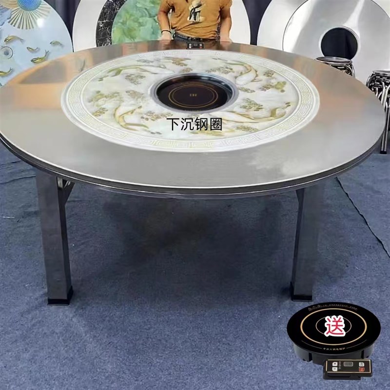 1.5米~2米特大特粗80方管桌腿加厚不锈钢内置彩图转.盘折叠餐桌