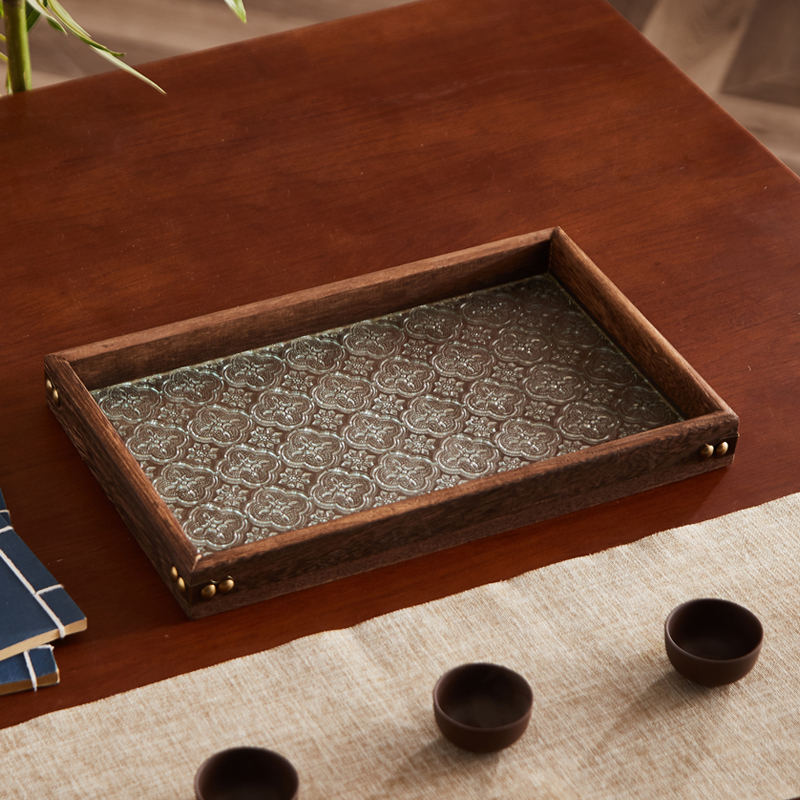 实木茶杯托盘日式复古海棠压花玻璃茶托盘家用装饰收纳盘子茶具壶