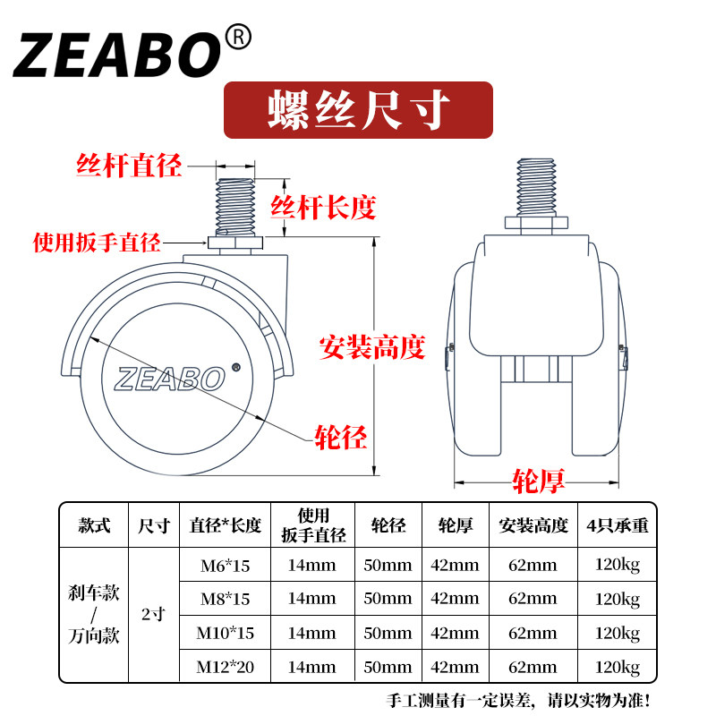 2英寸灰色静音脚轮带刹车万向轮M6/8/10/12橡胶螺丝轮家具小滑轮